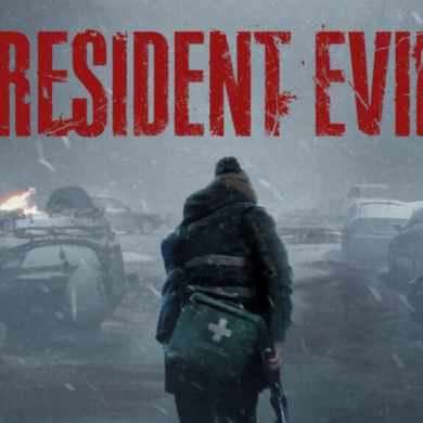 A person with a medical bag walking through a snowy, wrecked car lot from Resident Evil review.