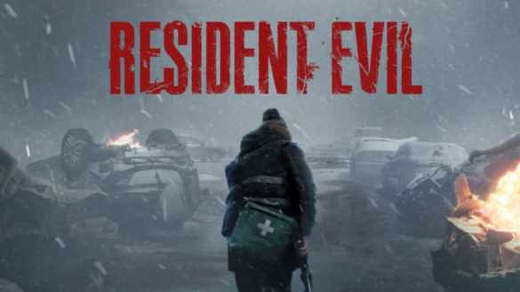 A person with a medical bag walking through a snowy, wrecked car lot from Resident Evil review.