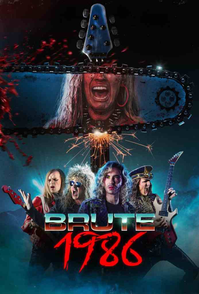 The woman with a chainsaw headgear and chainsaw blade in the poster for Brute 1986.