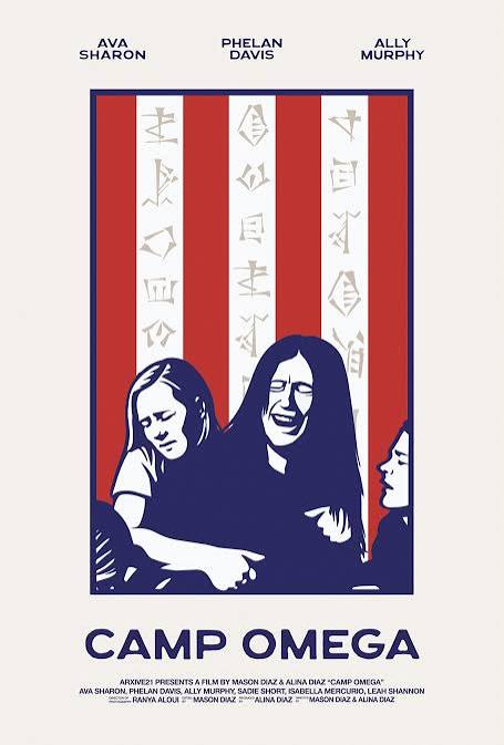 Poster for 'Camp Omega' featuring three women and mysterious symbols on a striped background.