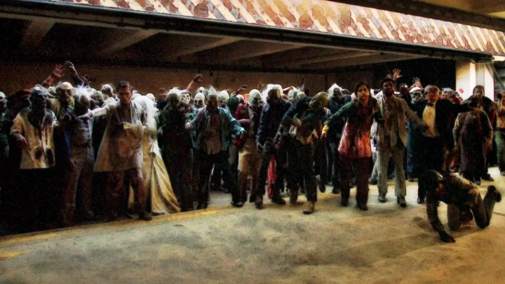 Horde of zombies in a post-apocalyptic setting with decayed appearance.