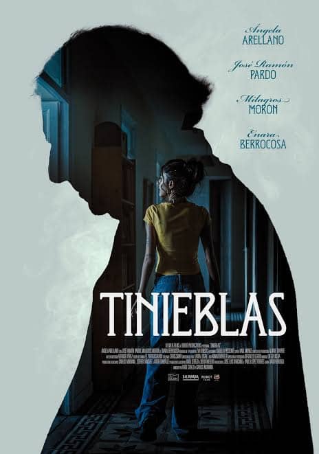 Poster for 'Tinieblas' horror film featuring a girl in a dark hallway with a shadowy figure.