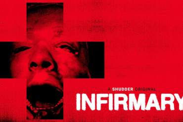 The Infirmary movie poster with a screaming face and a red cross background.