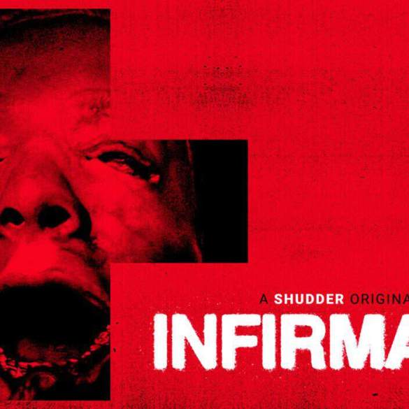 The Infirmary movie poster with a screaming face and a red cross background.