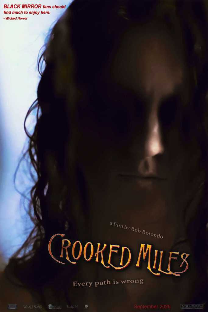 Dark, eerie image of a woman with a shadowed face for Crooked Miles film poster.