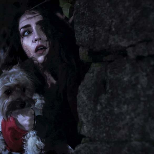 Scary woman with dark hair and a dog in a dark, rocky environment.