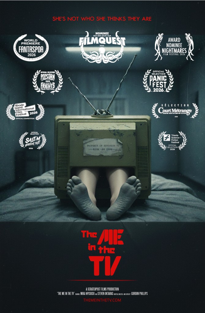 The Me in the TV film poster with a person under a vintage TV set.
