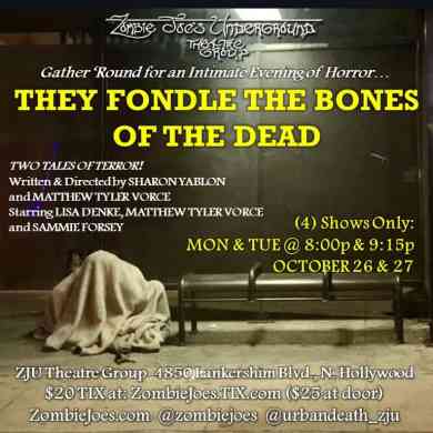 Theatre poster for 'They Fondle the Bones of the Dead' horror play at ZJU Theatre Group.