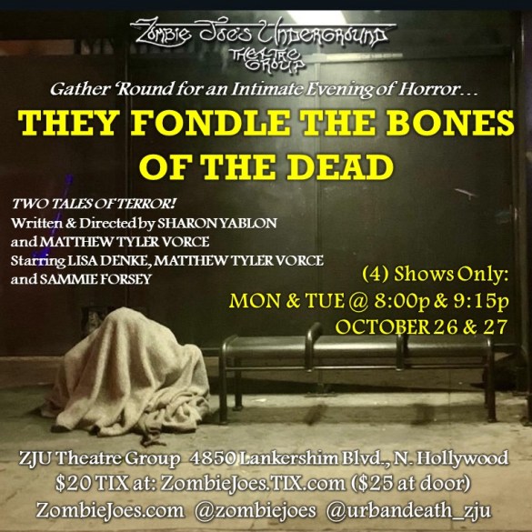Theatre poster for 'They Fondle the Bones of the Dead' horror play at ZJU Theatre Group.