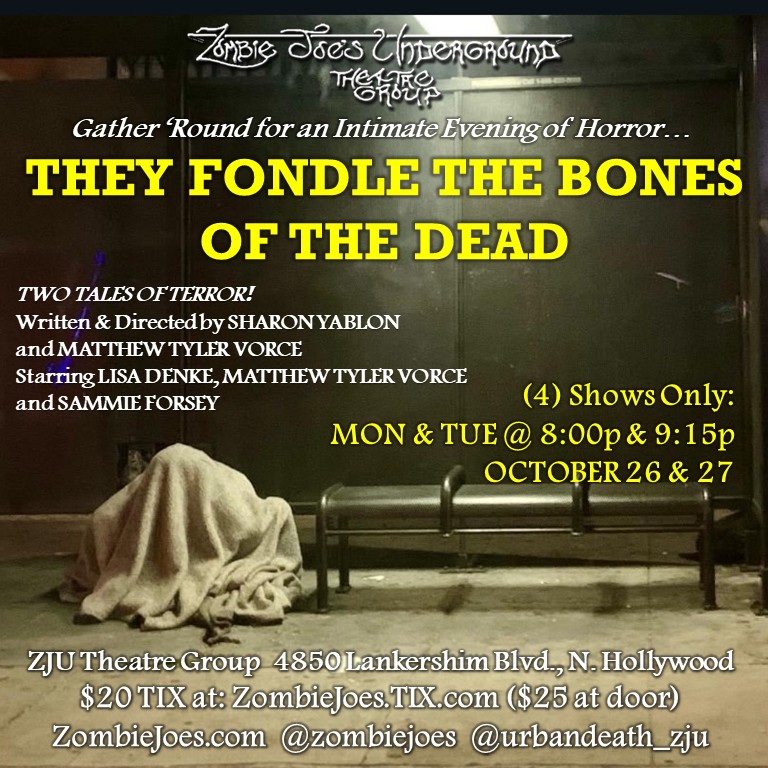 Theatre poster for 'They Fondle the Bones of the Dead' horror play at ZJU Theatre Group.