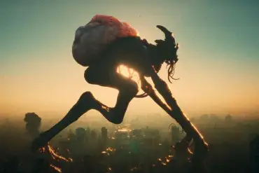 Giant monstrous creature with a backpack over a city skyline at sunset.
