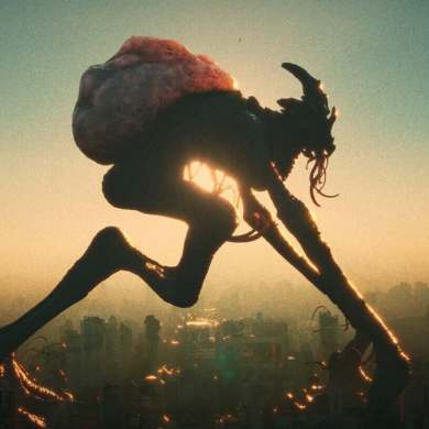 Giant monstrous creature with a backpack over a city skyline at sunset.