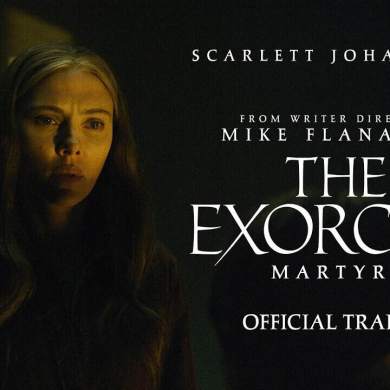 Scarlett Johansson in The Exorcist: Martyrs official trailer poster, horror movie promotion.